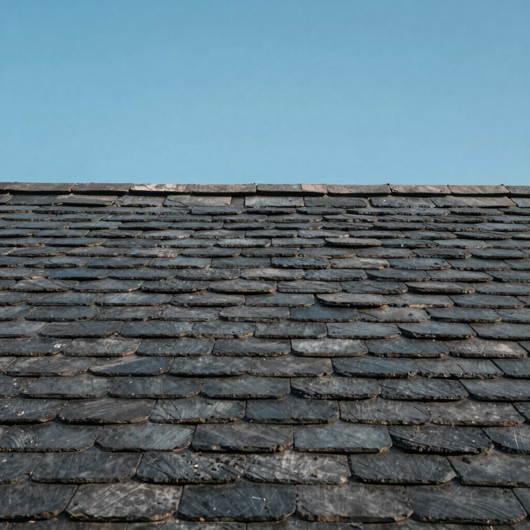 Detailed view of a perfectly aligned slate roof under a clear blue sky in a Western European village.