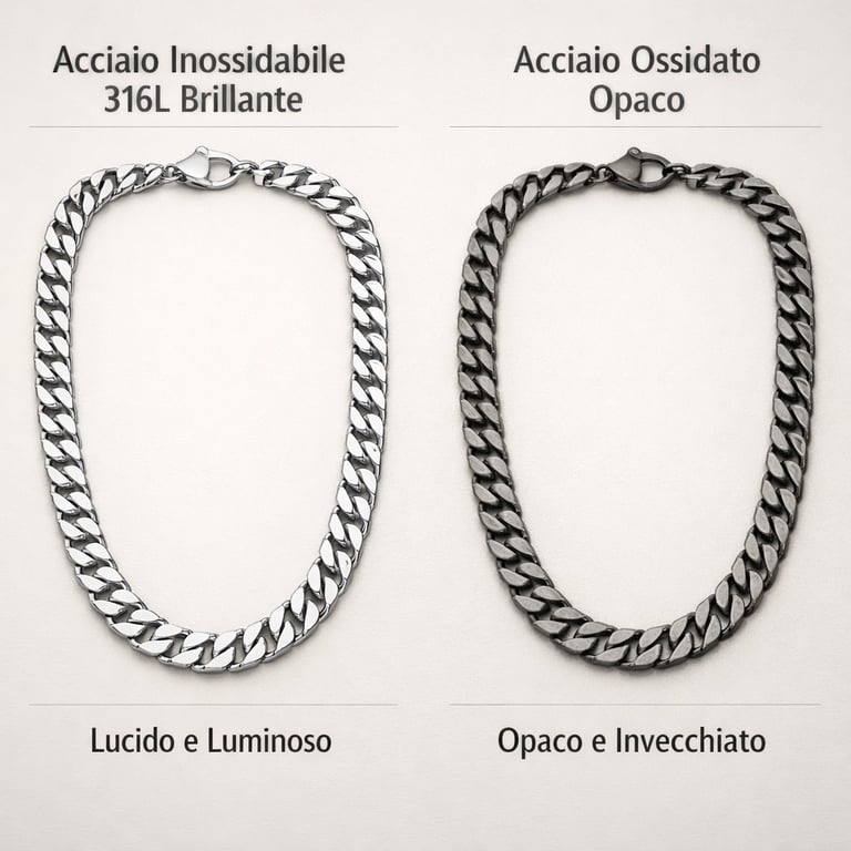 confronto tra acciaio 316L brillante e acciaio ossidato opaco