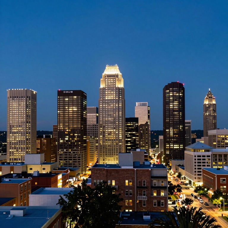 A twilight cityscape of a Georgia business district with glowing lights and a sophisticated blue atmosphere.