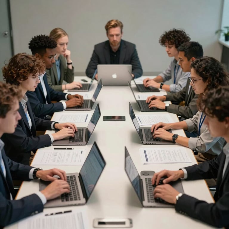 A group of diverse tech professionals collaborating around a large conference table with laptops and documents.