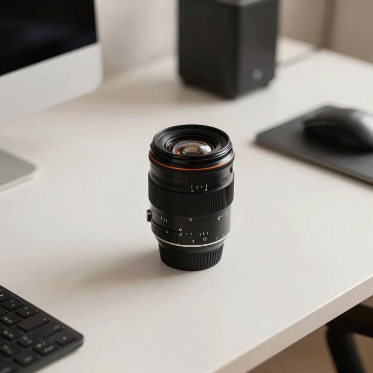 A close-up shot of a modern workstation with high-end tech accessories and clean, off-white surfaces.