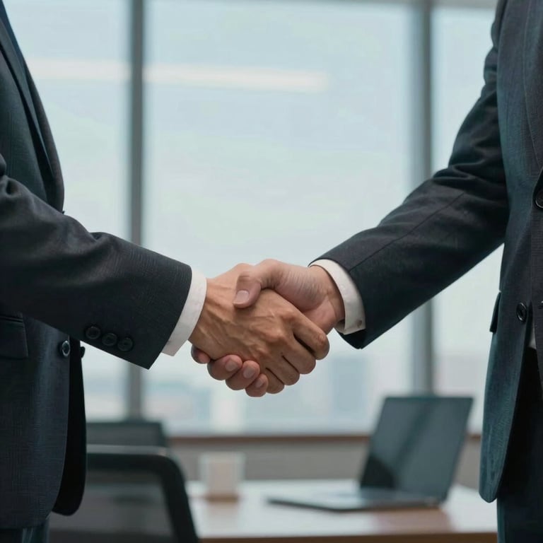 A professional handshake between two people in a sleek office, featuring soft sky blue and charcoal teal color tones.