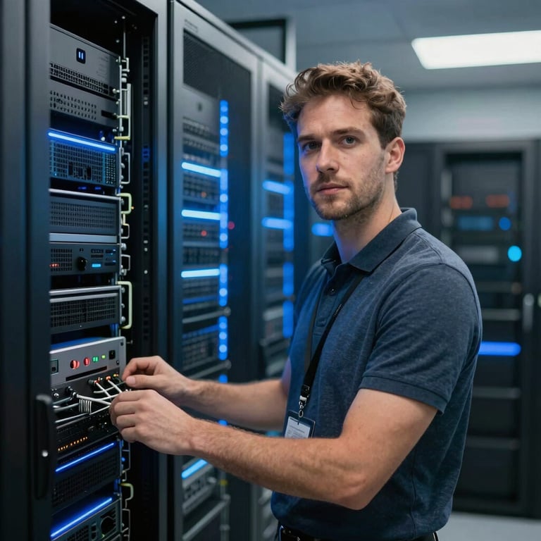 A professional IT specialist standing in a data center with blue-lit server cabinets and a focused expression.