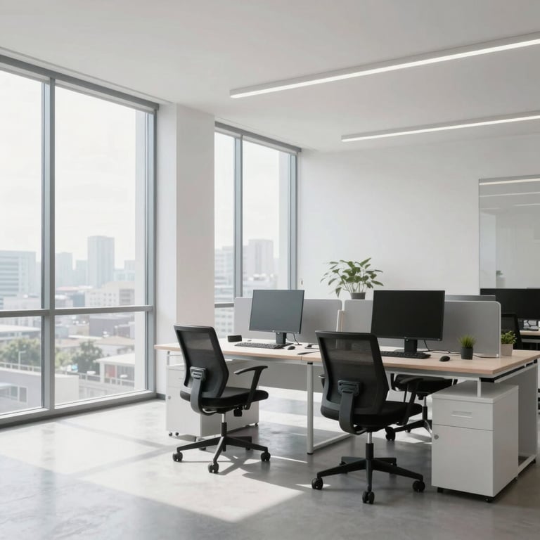 A bright, minimalist office space with large windows and a clean design reflecting innovation and clarity.