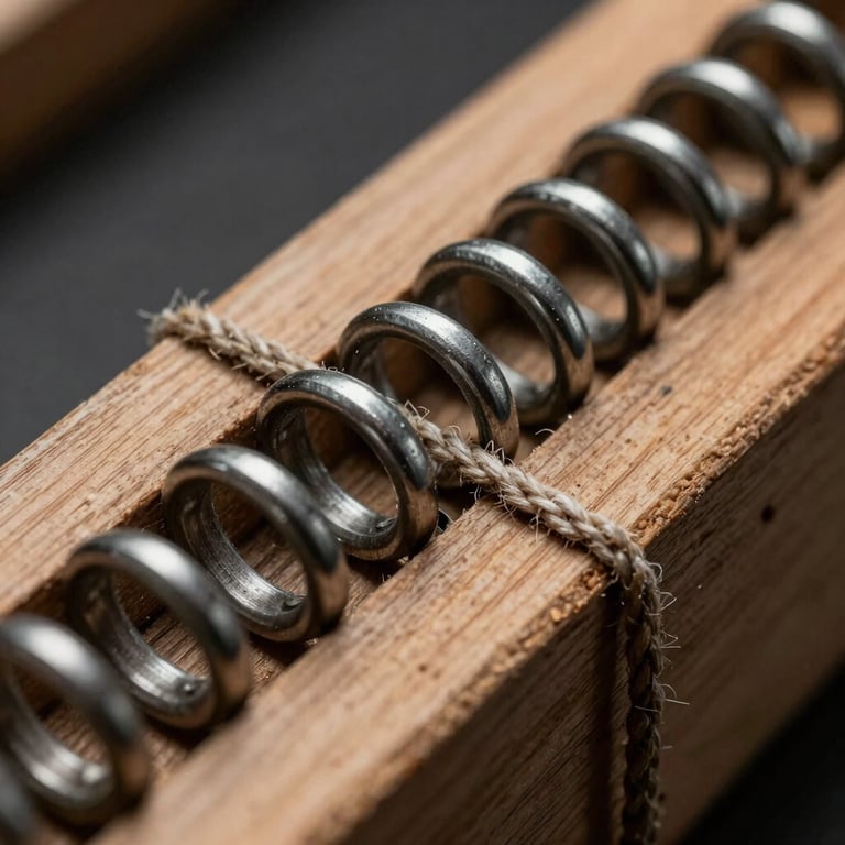 Macro close-up of hand-lashed steel springs tied with thick organic cord onto a solid beechwood frame. Deep shadows emphasize the tension and texture.