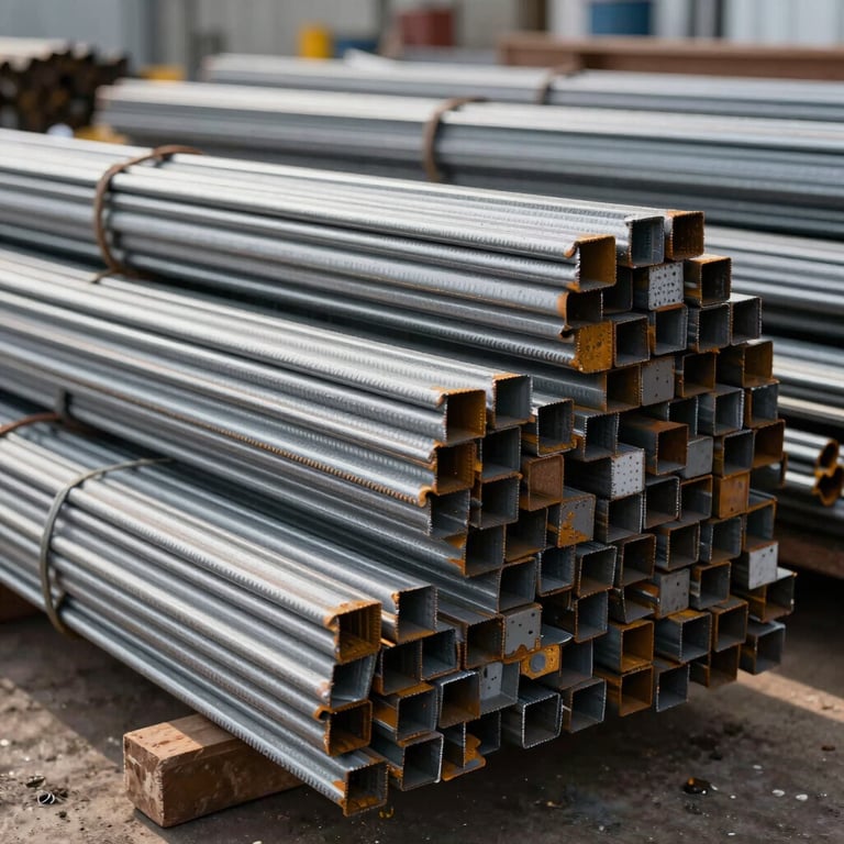 Entrepôt de matériaux de construction haut de gamme avec des barres d'acier et des finitions industrielles propres.
