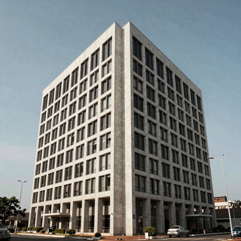 Façade d'un immeuble de bureaux moderne à Abidjan sous un ciel clair, style épuré et sophistiqué.