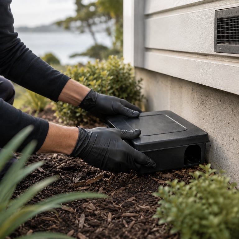 Pest control professional placing a black outdoor rodent bait station along a home foundation.