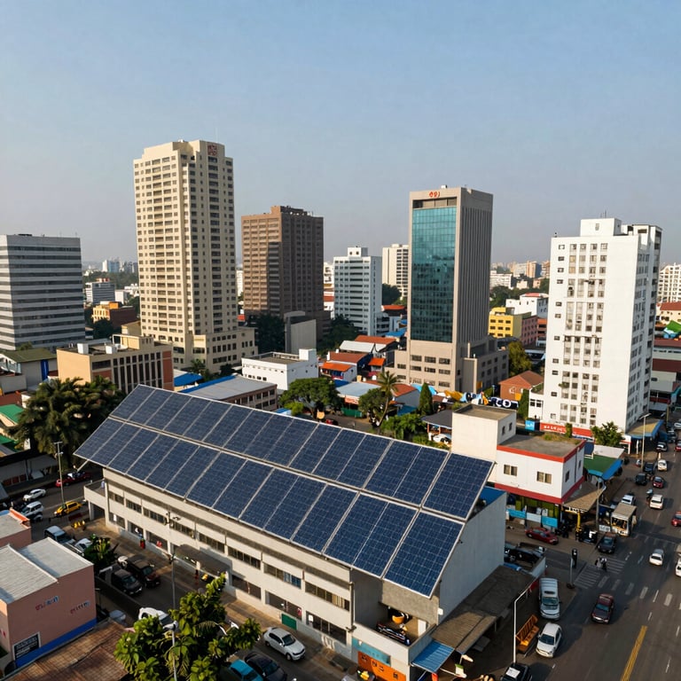 Wide shot of a solar-powered commercial district in a bustling South Asian / Indian metropolis, symbolizing reliability.