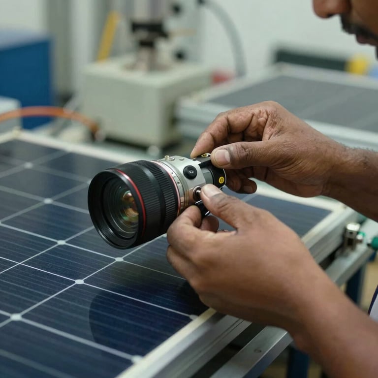 A close-up of a technician's hands in a South Asian / Indian industrial setting carefully connecting high-tech solar components.