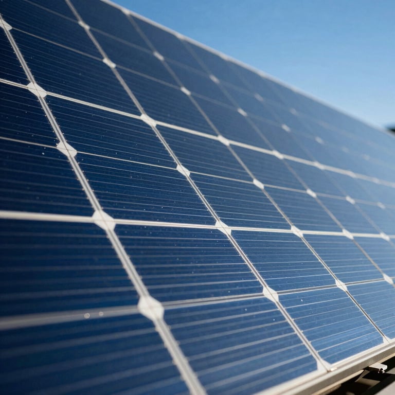 Abstract crisp photography of silicon solar cells reflecting a Deep Blue sky, emphasizing innovation and technology.