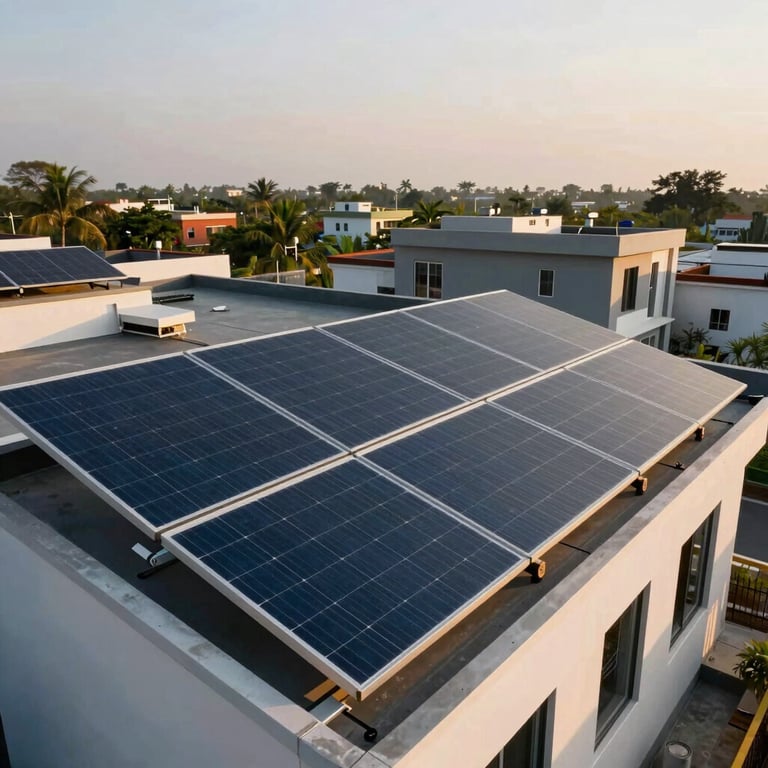 Sustainable solar installation on the rooftop of a modern South Asian / Indian residence, captured in soft golden hour light.