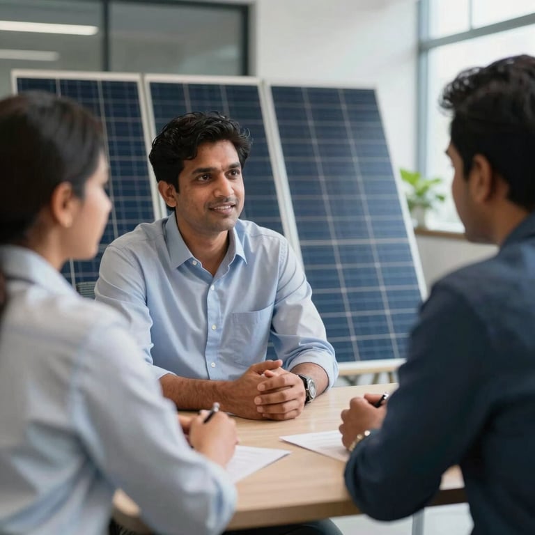 A professional consultation between a solar expert and a client in a sleek, South Asian / Indian corporate environment.