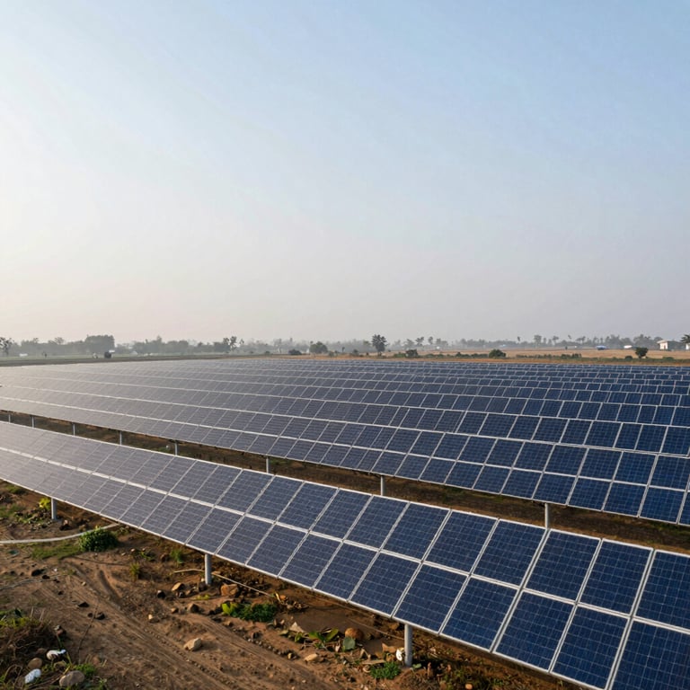 A vast solar farm stretching across a South Asian / Indian rural landscape under a clear Mist White morning sky.