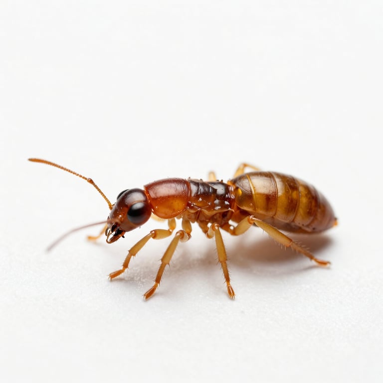 Scientific macro photograph of a subterranean termite soldier, isolated on a clean, solid crisp white background, high-end editorial encyclopedia style.
