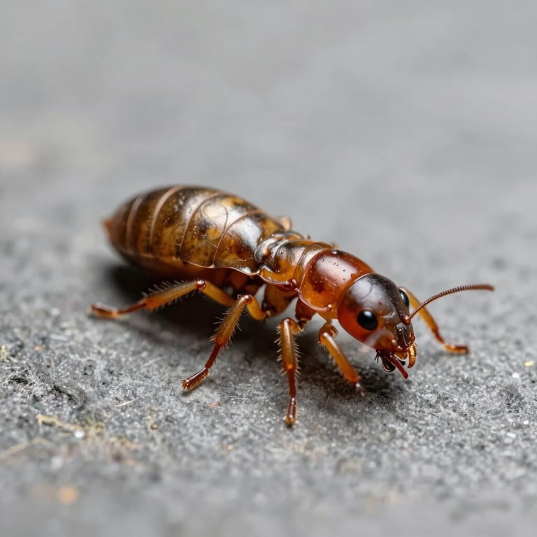 Scientific macro photograph of a drywood termite worker, isolated on a clean, solid warm stone gray background, high-end editorial encyclopedia style.