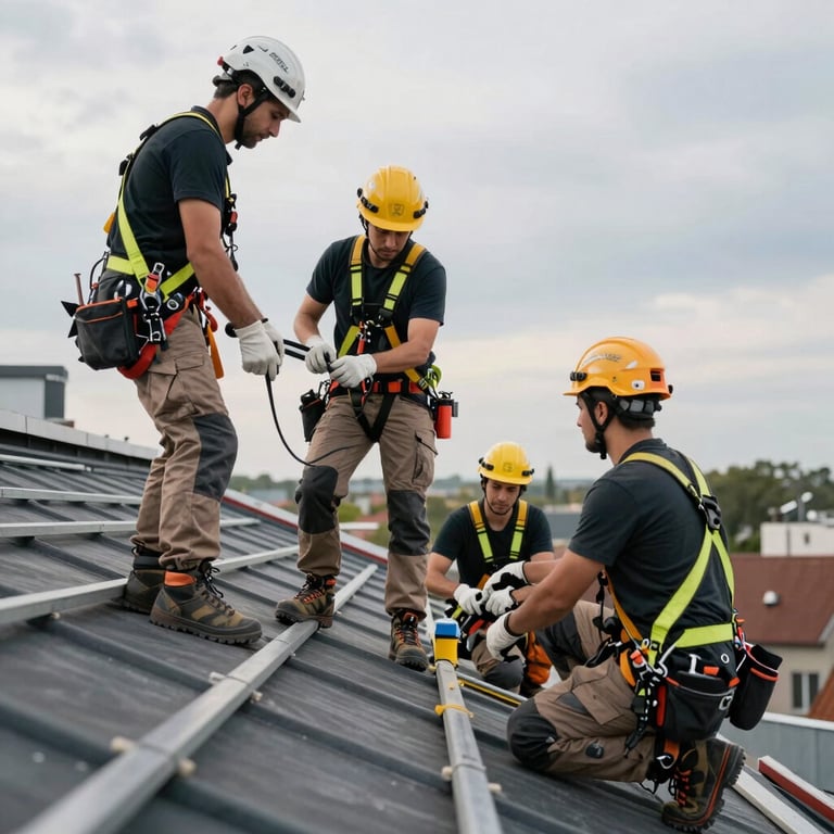 A group of professional installers working safely on a roof, representing reliability and teamwork in Central Europe.