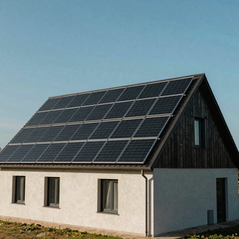 A wide shot of a modern house in the French countryside with a roof fully equipped with black solar panels under a clear blue sky.