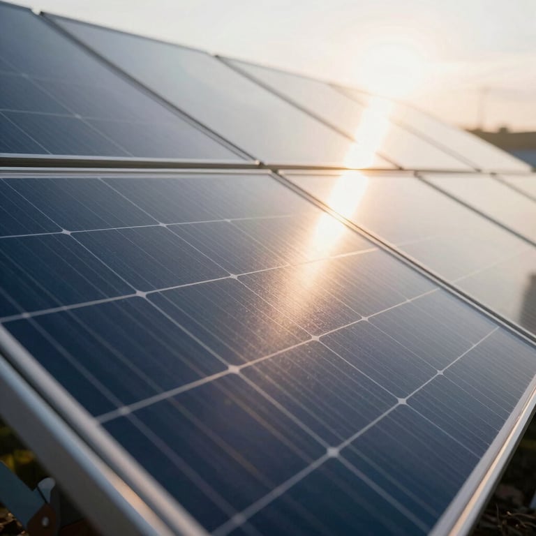 Close-up of solar panels reflecting the morning sun, symbolizing clean energy and a sustainable future.