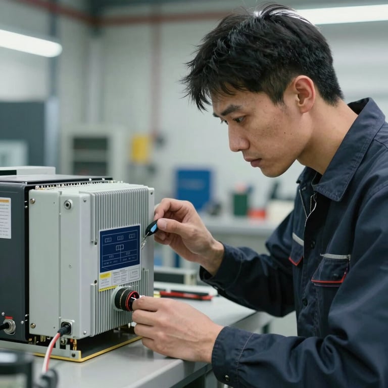 A technician carefully inspecting a solar inverter in a clean garage environment, showing professional maintenance.