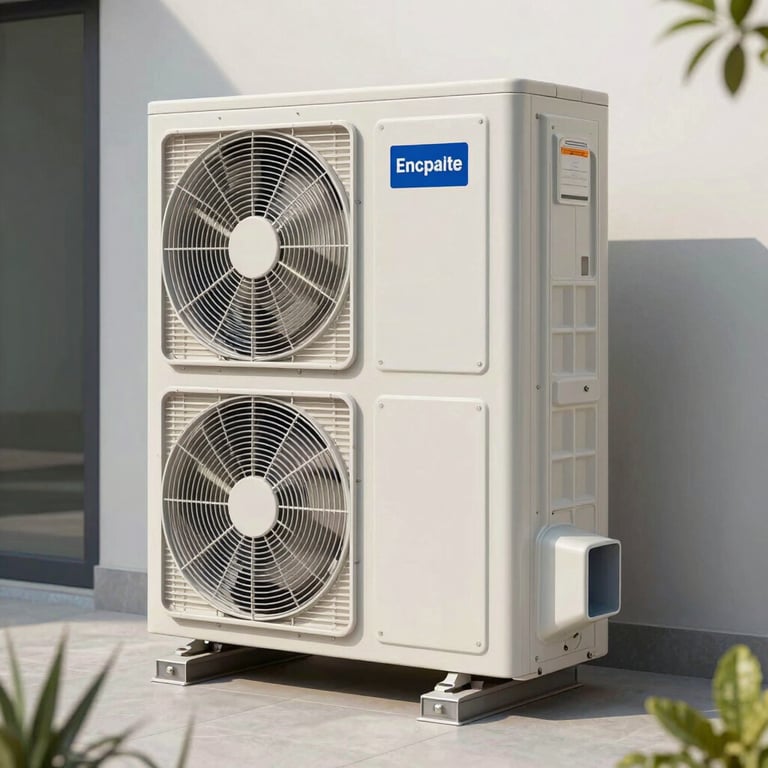 Detailed photography of a high-tech heat pump unit installed outdoors in a minimalist garden setting, emphasizing energy efficiency.