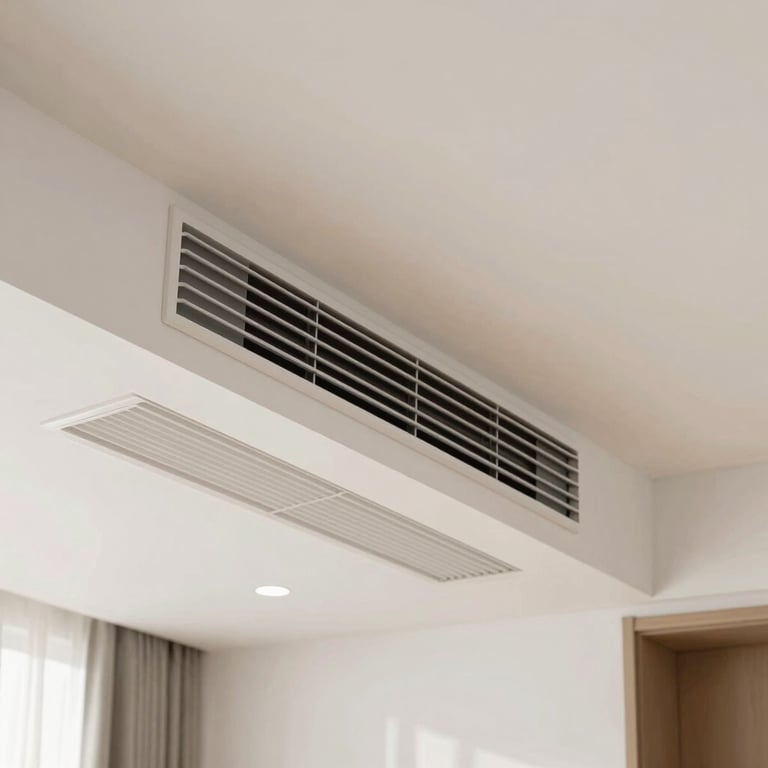 A bright and airy living room with a subtle, modern air conditioning vent integrated perfectly into the interior design.
