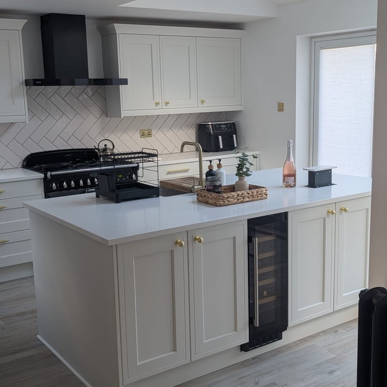 white kitchen, with black and gold accents