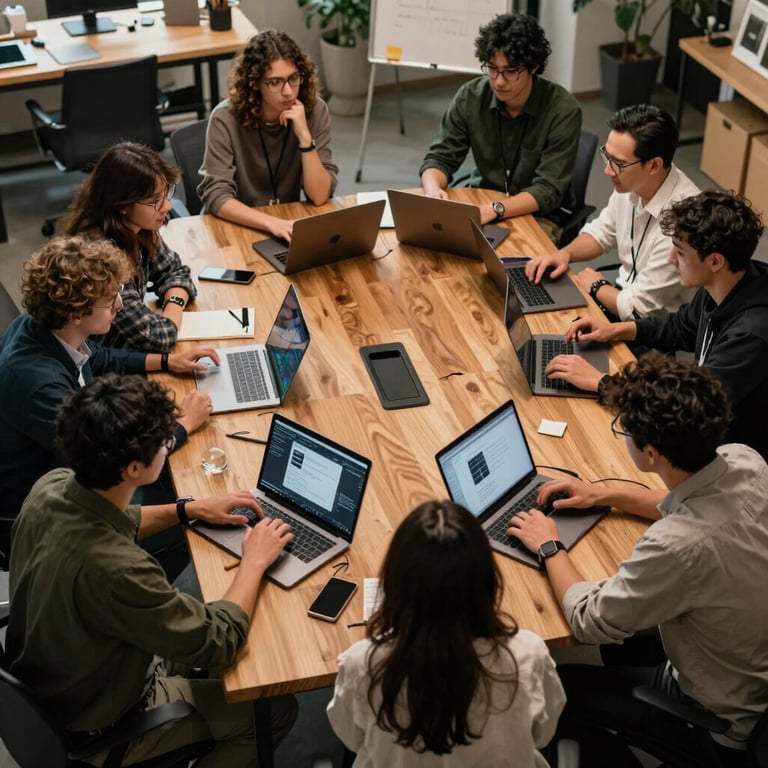 Overhead view of a creative team meeting, looking at digital devices on a large wooden table in a North American design studio.