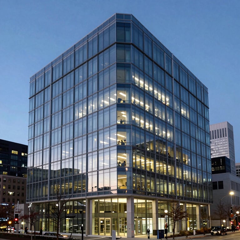 Architectural photography of a modern glass office building in a North American city at dusk, illuminated with soft blue lights.