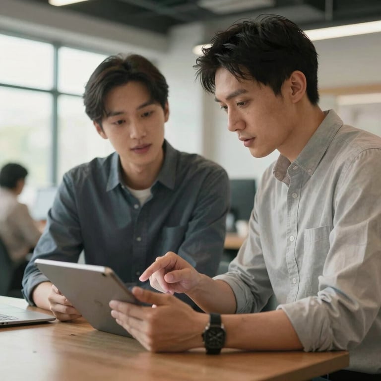 Two professionals in business casual attire discussing a digital project over a tablet in a bright communal office space.