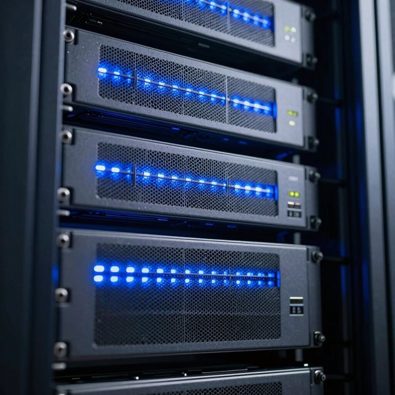 Macro shot of high-tech server racks with deep blue LED lighting indicating modern digital infrastructure.