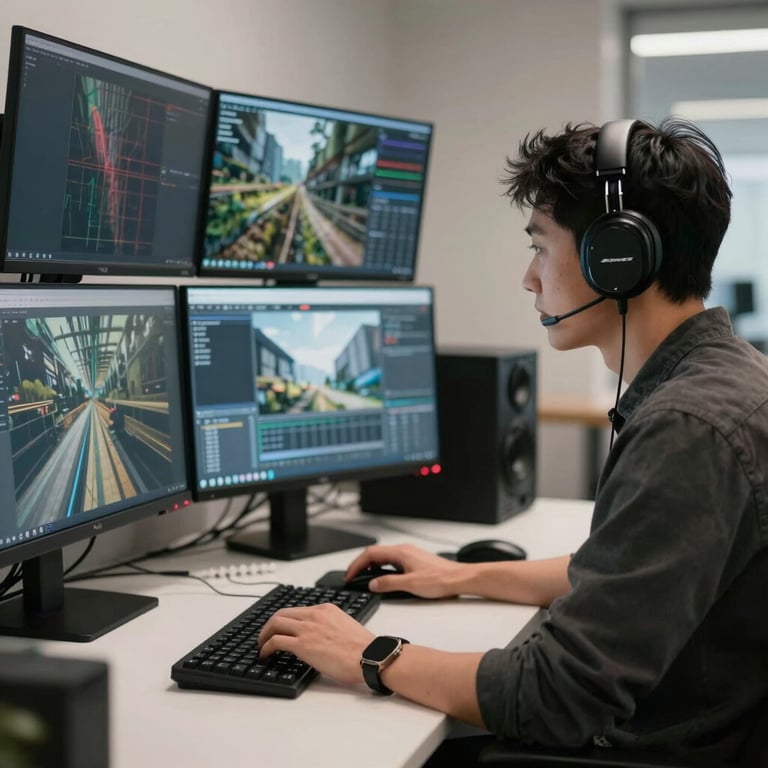 Side profile of a developer focused on multiple high-resolution monitors in a sleek, ergonomic professional workspace.