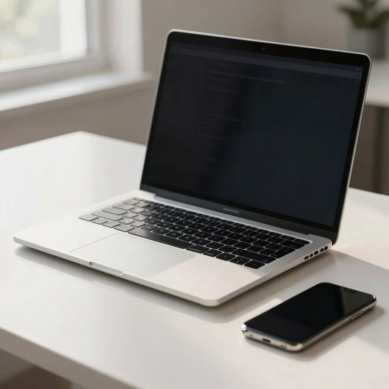 A clean, minimalist desk setup with a professional laptop and a smartphone, soft morning light in a US workspace.