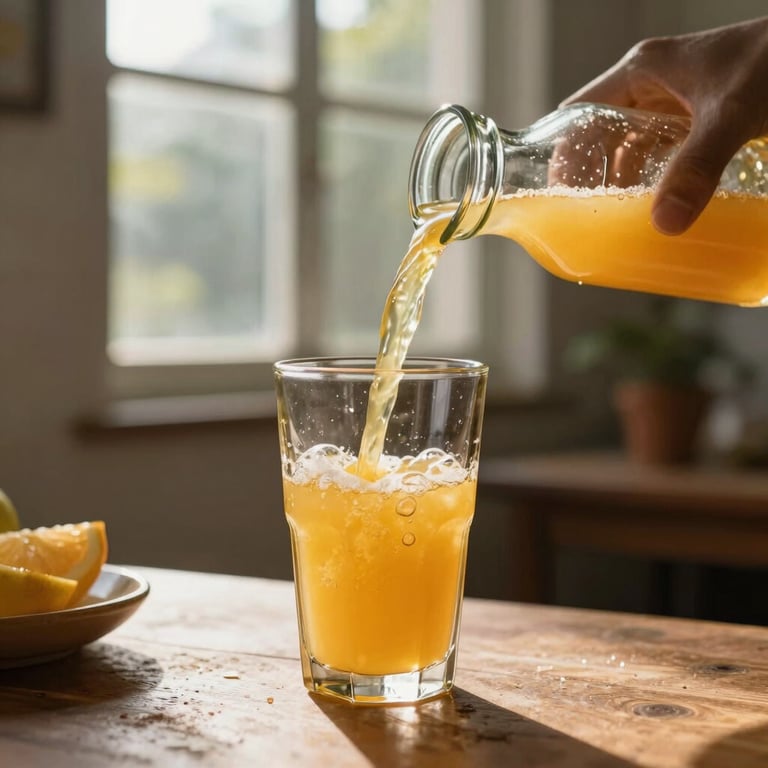 A refreshing glass of juice being poured, sunlight streaming through a window, Brazilian home setting.
