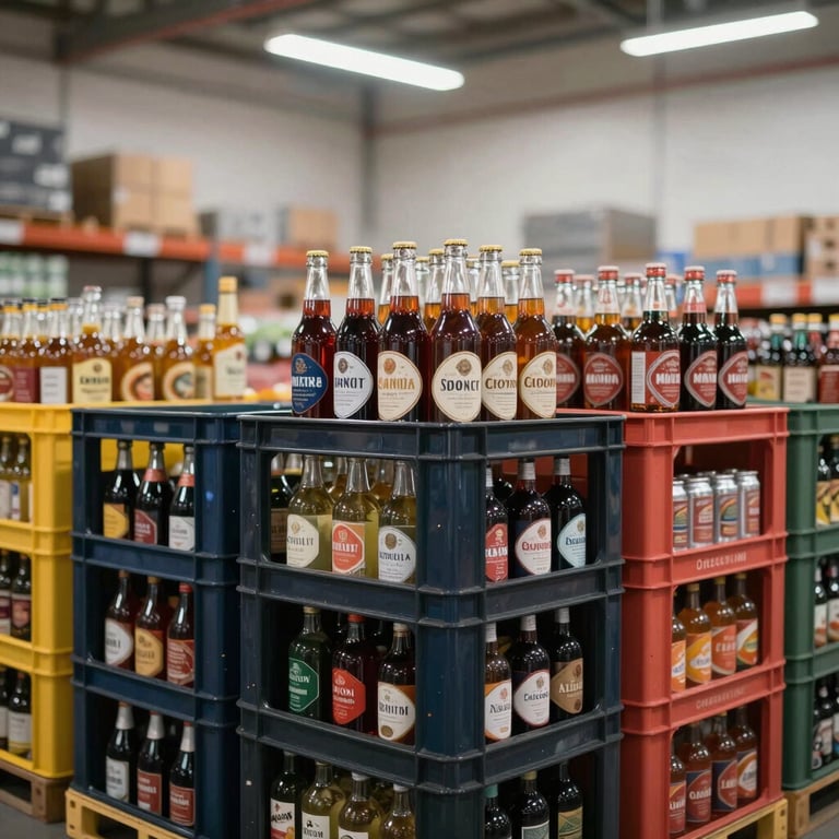 Neatly organized crates of premium beverages in a bright, modern warehouse environment.