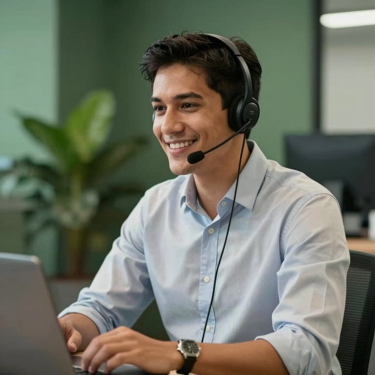 A professional person in a South American office using a headset, smiling, forest green office accents.
