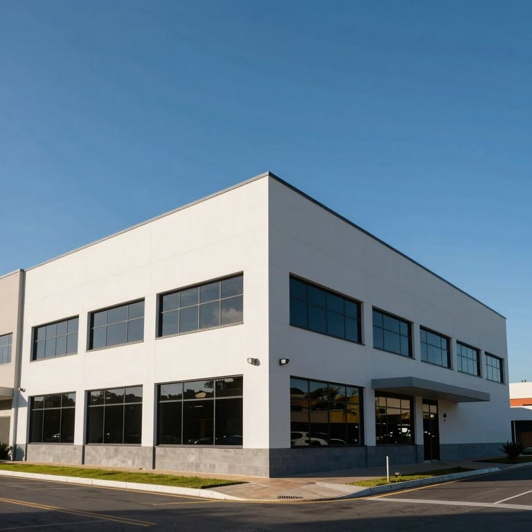 Exterior of a clean, modern commercial building in Bragança Paulista under a clear blue sky.