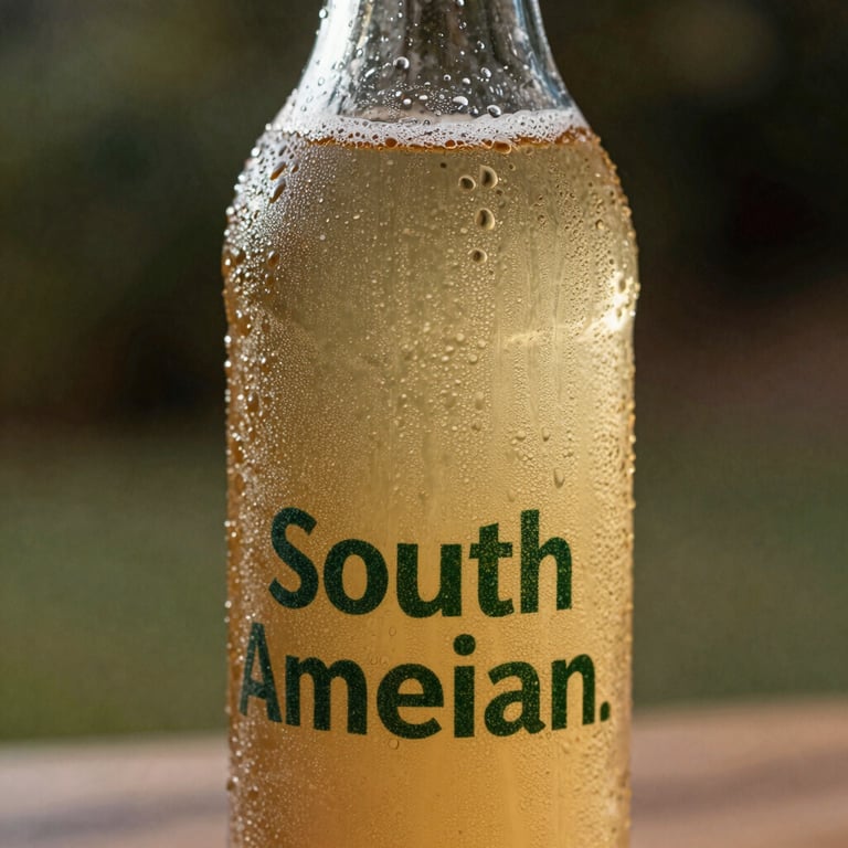 Close-up of a cold condensation-covered beverage bottle, professional lighting, South American setting.