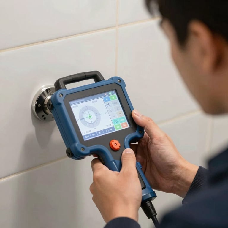 A technician using an advanced electronic leak detection tool against a clean tiled wall in a bathroom, focusing on the interface, medium blue color accents.