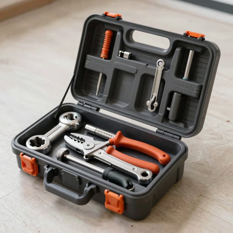 A professional plumbing toolkit open on a light floor, tools organized neatly, reflecting a high standard of professional service.