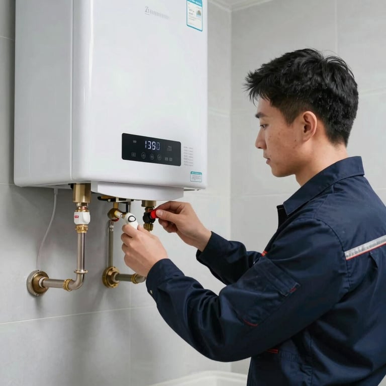 A service expert in a dark blue branded uniform checking the connections of a modern water heater, professional and clean environment.