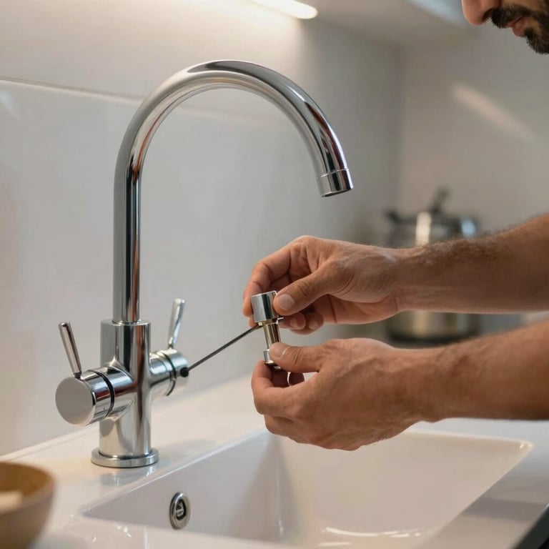 A detailed shot of a plumber's hands installing a modern chrome faucet in a sleek kitchen, Middle Eastern / Turkish domestic setting, professional lighting.