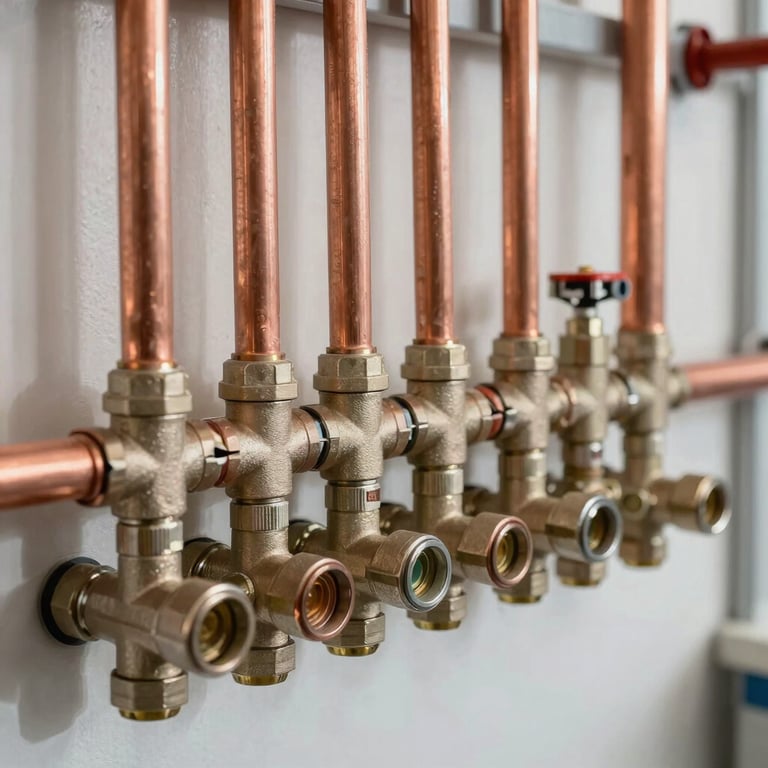 An orderly arrangement of new copper pipes and pressure valves in a bright utility room, showcasing professional installation quality.