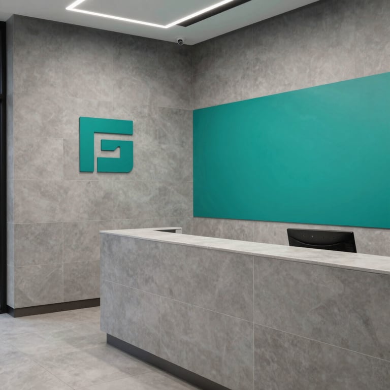 A clean, minimalist reception area of a digital agency in the US, muted grey tiles and bright teal branding on the walls.