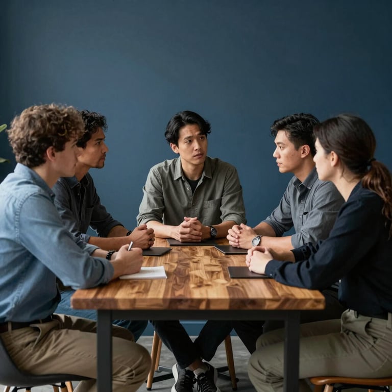 Professionals engaging in a strategy session around a wooden table in a North American / US studio, dark slate blue background wall.