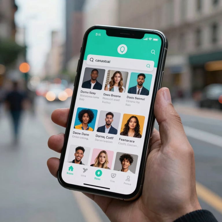 Close-up of a high-tech smartphone displaying a social media feed with vibrant teal accents in a North American / US urban environment.