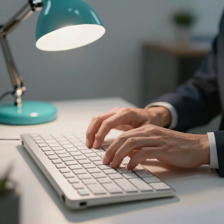 Close-up of hands typing on a modern keyboard, bright teal desk lamp, professional North American / US office setting.
