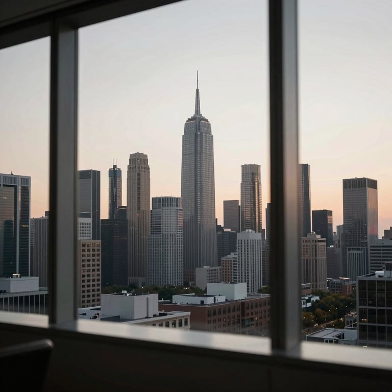 A sleek, modern North American / US city skyline visible through an office window, sunset lighting with soft off-white and muted grey tones.