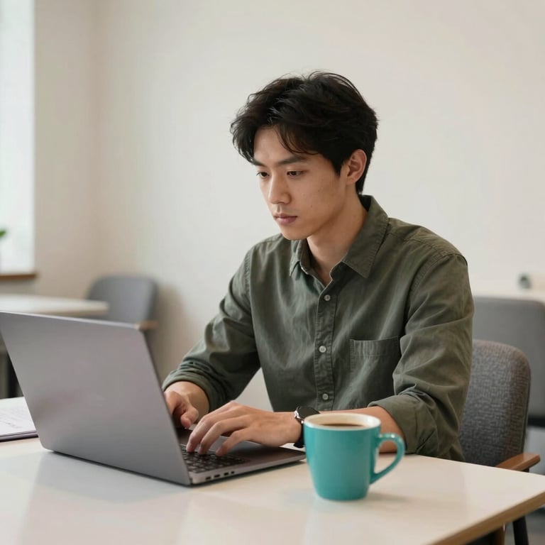 Professional using a laptop in a bright North American / US co-working space, soft off-white walls, muted grey furniture, bright teal coffee mug.