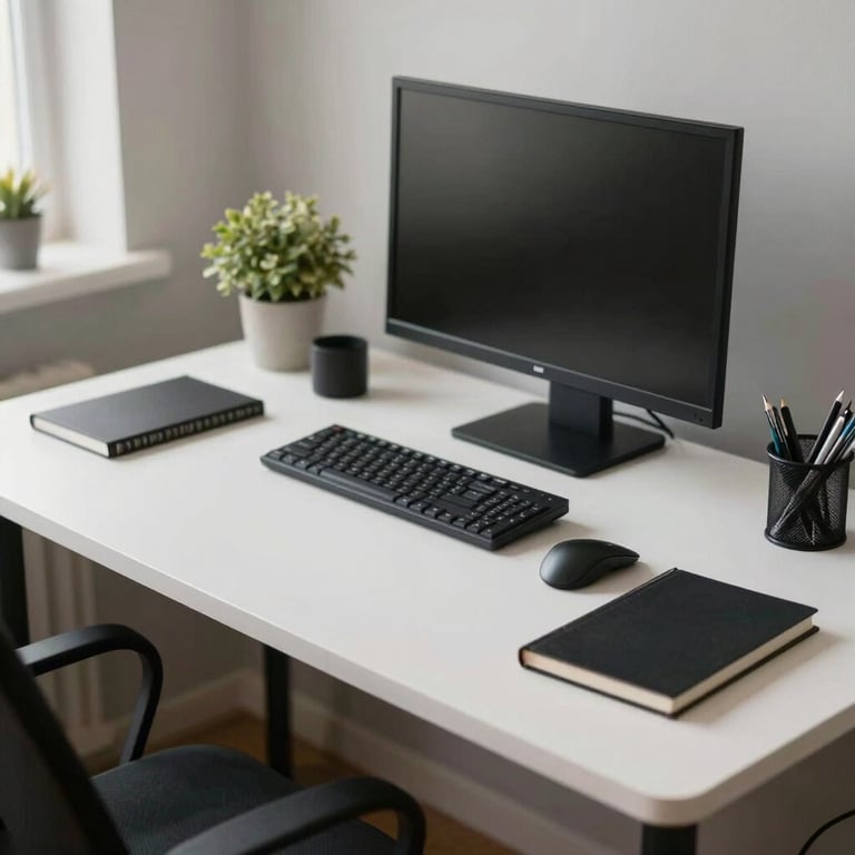 A tidy and organized home office desk with no dust, showcasing a professional and calm workspace.